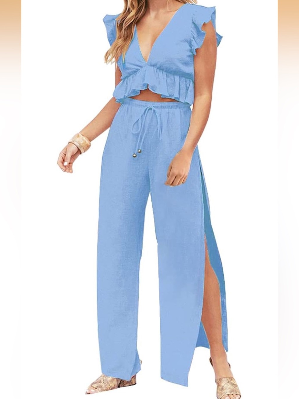 Fancyinn Light Blue Wide-Leg Drawstring Pants